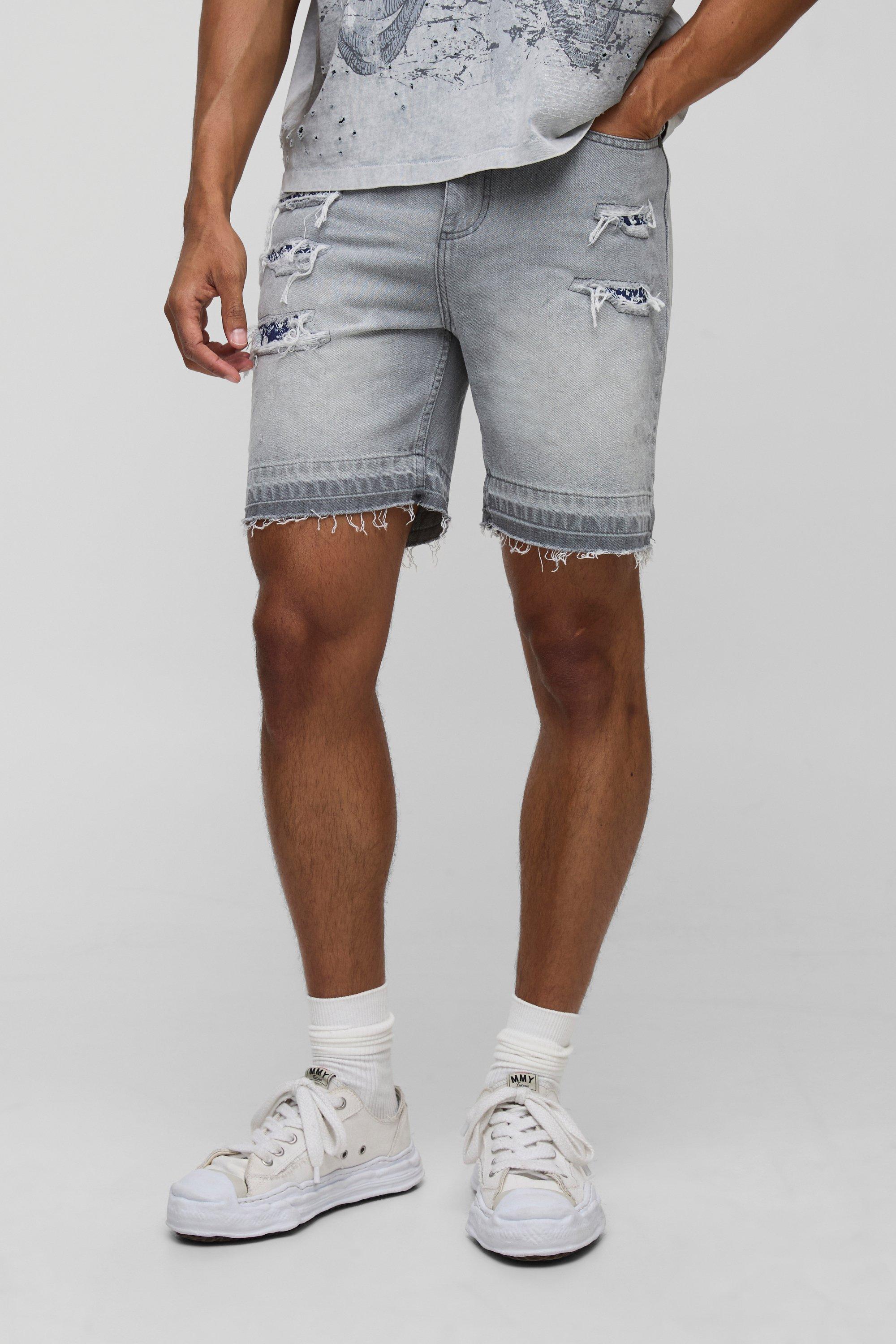 Slim Rigid Bandana Rip and Repair Denim Shorts